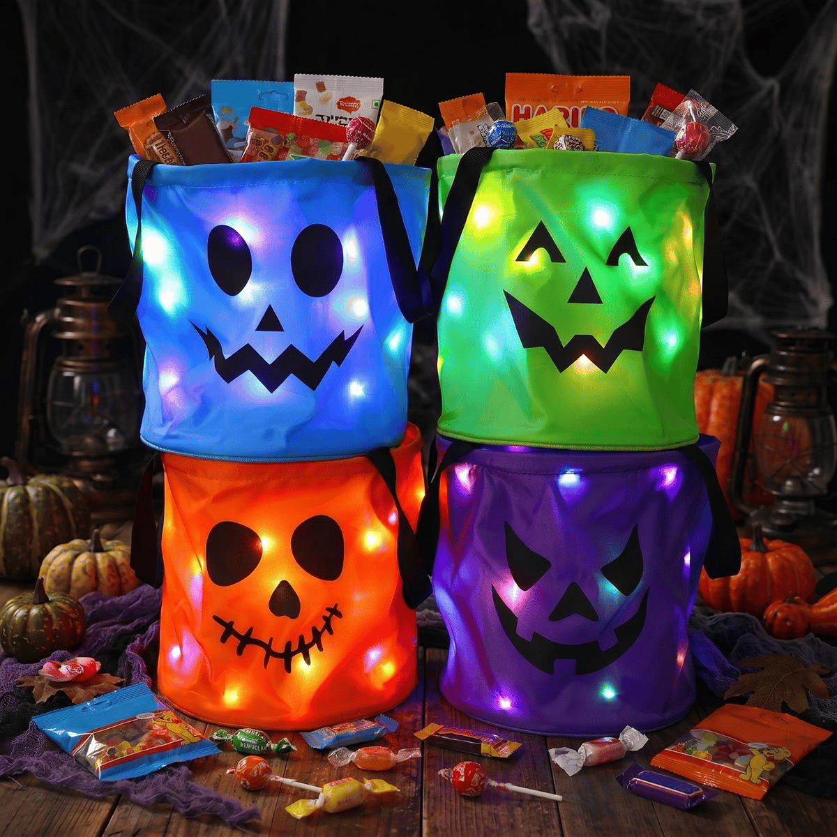 4 Pcs Halloween Candy Bucket with LED Lights Non Woven Gift Bags