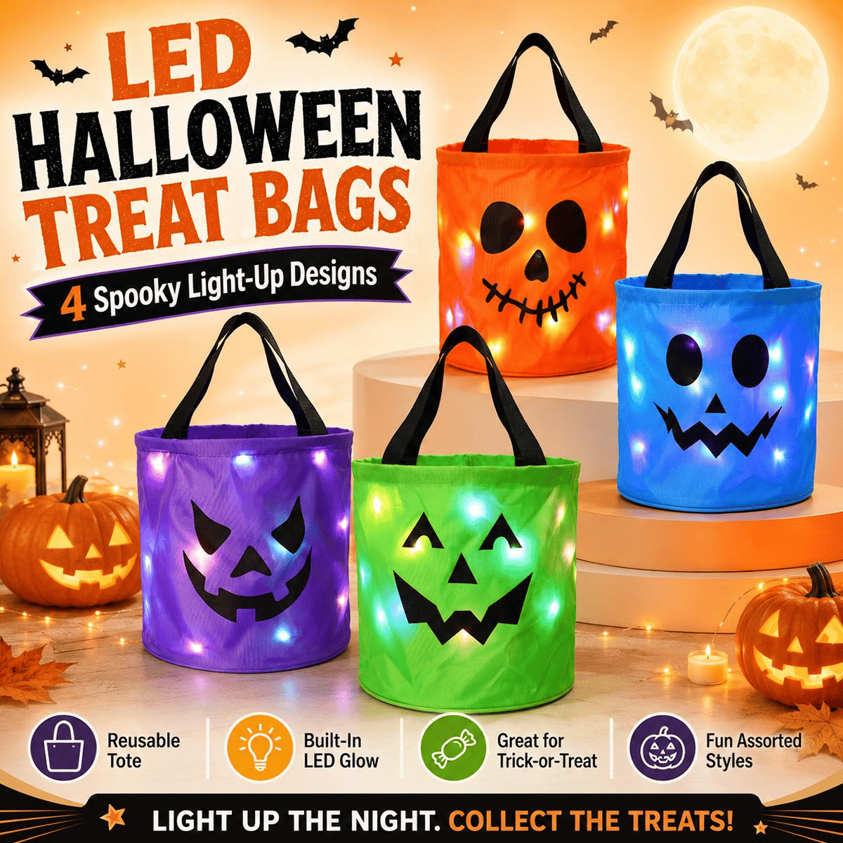 4 Pcs Halloween Candy Bucket with LED Lights Non Woven Gift Bags