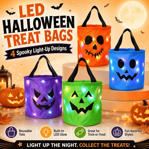 4 Pcs Halloween Candy Bucket with LED Lights Non Woven Gift Bags