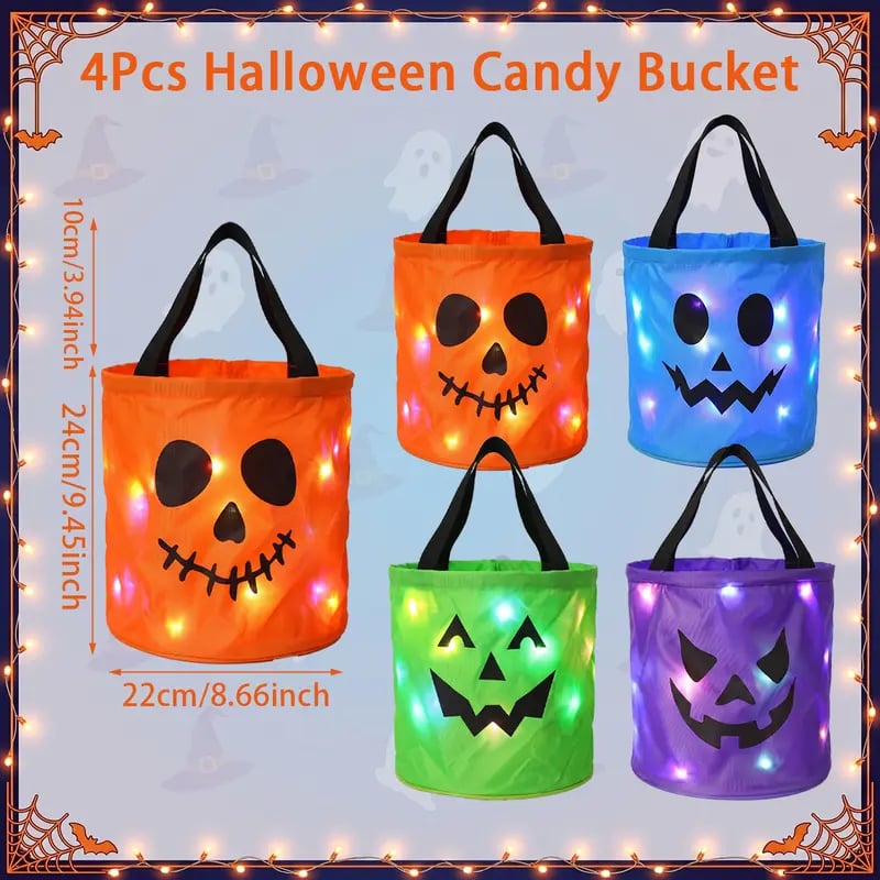4 Pcs Halloween Candy Bucket with LED Lights Non Woven Gift Bags