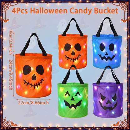 4 Pcs Halloween Candy Bucket with LED Lights Non Woven Gift Bags