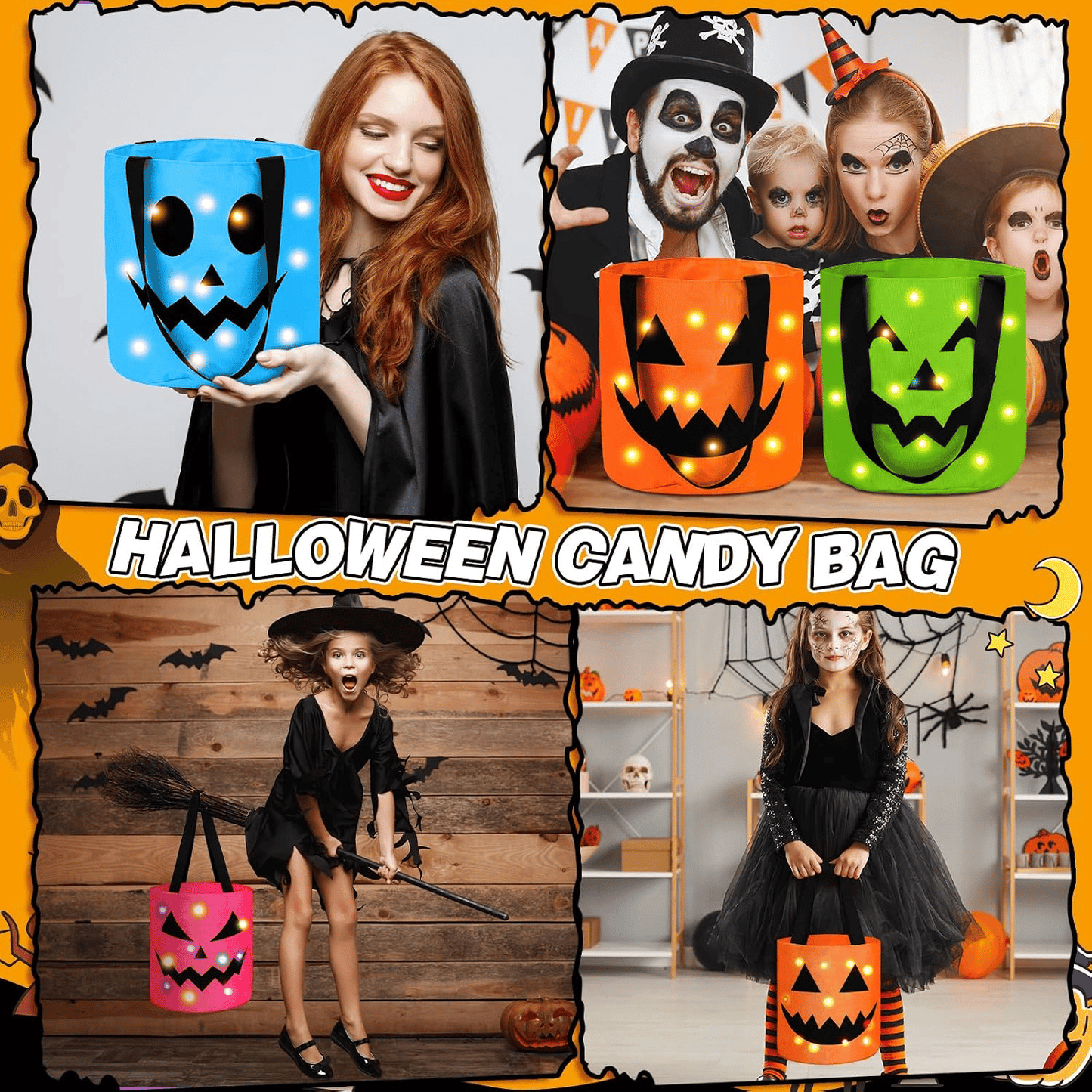 4 Pcs Halloween Candy Bucket with LED Lights Non Woven Gift Bags